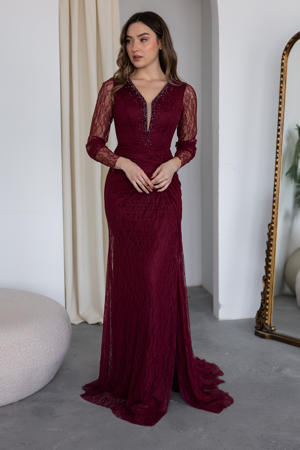 Yaka Boncuk İşlemeli Dantelli Abiye - BORDO