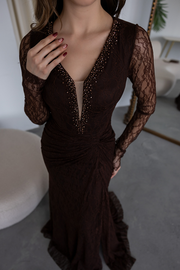 Yaka Boncuk İşlemeli Dantelli Abiye - KAHVERENGİ