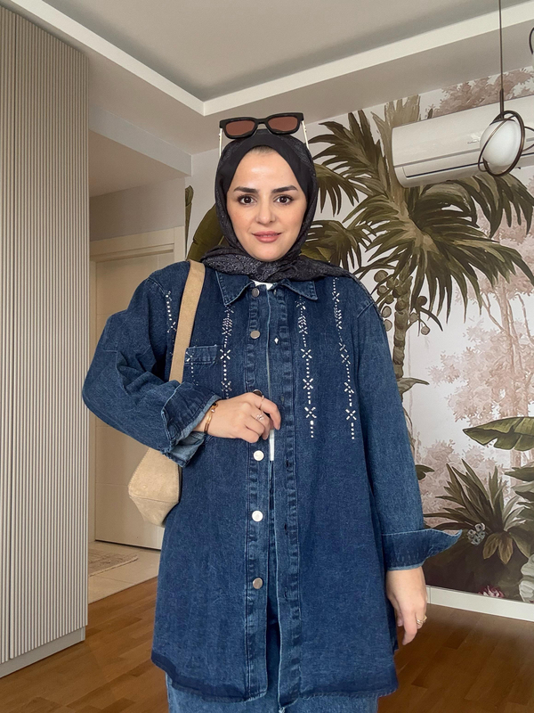 Üçgen Şerit Taş  Detaylı Denim Gömlek İkili Takım Koyu Mavi 