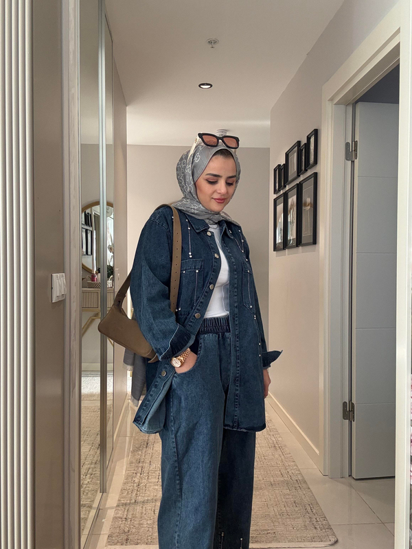 Pantolon-Gömlek  Taş Detaylı   Denim Gömlek İkili Takım Koyu Mavi Kadın Tesettür Giyim