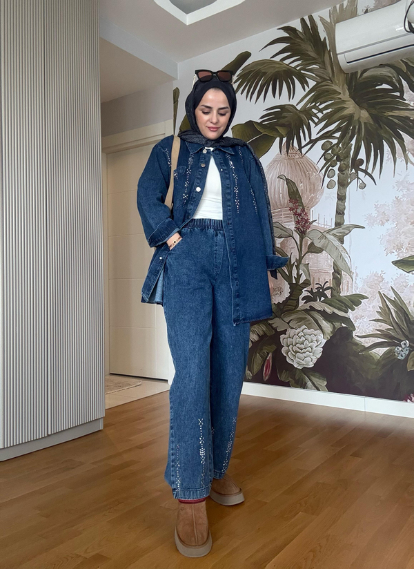 Üçgen Şerit Taş  Detaylı Denim Gömlek İkili Takım Koyu Mavi 