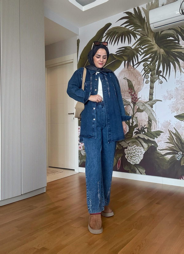 Üçgen Şerit Taş  Detaylı Denim Gömlek İkili Takım Koyu Mavi 