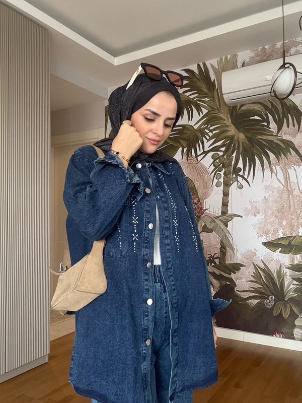 Üçgen Şerit Taş  Detaylı Denim Gömlek İkili Takım Koyu Mavi 