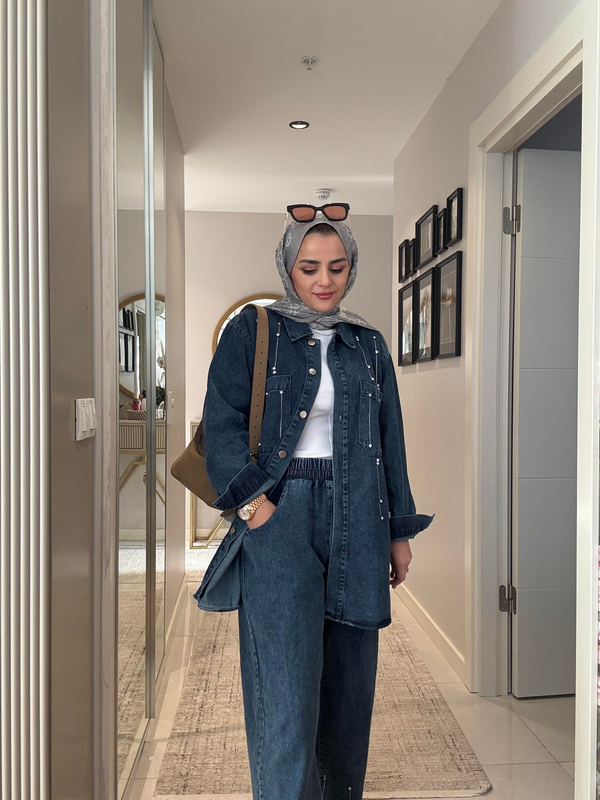 Pantolon-Gömlek  Taş Detaylı   Denim Gömlek İkili Takım Koyu Mavi Kadın Tesettür Giyim