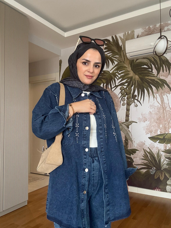 Üçgen Şerit Taş  Detaylı Denim Gömlek İkili Takım Koyu Mavi 