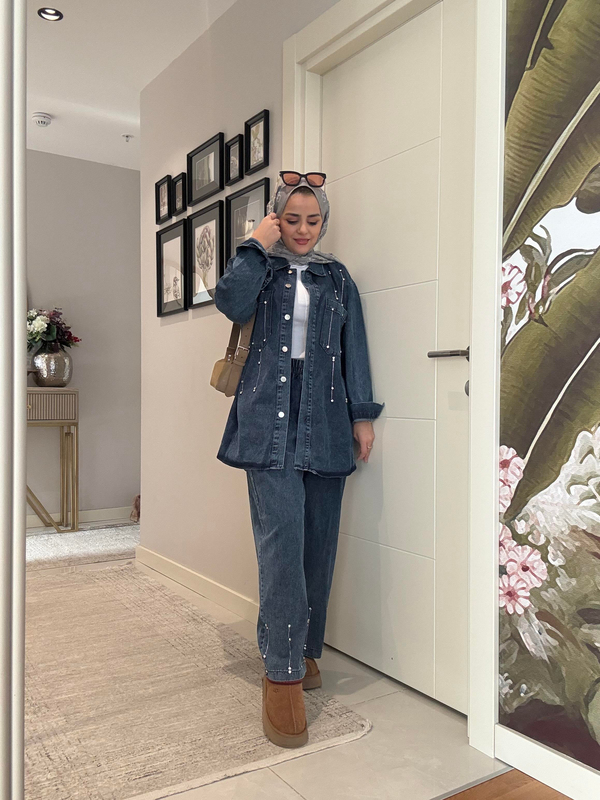 Pantolon-Gömlek  Taş Detaylı   Denim Gömlek İkili Takım Koyu Mavi Kadın Tesettür Giyim