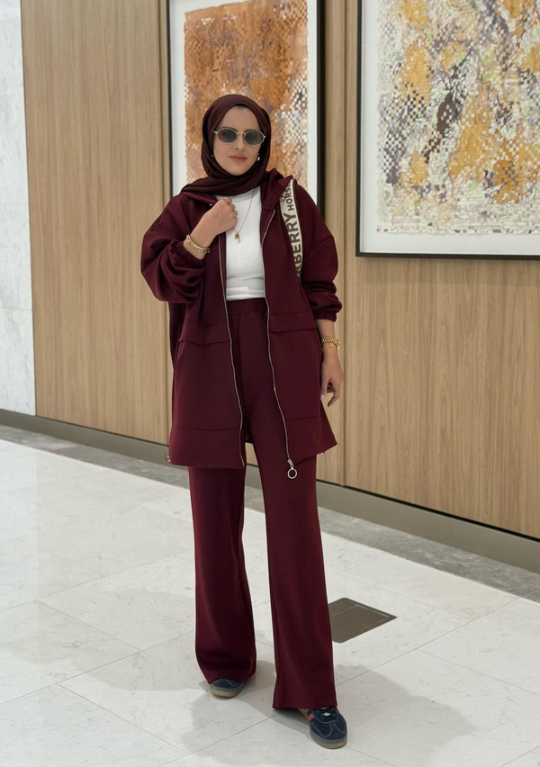 Velvet Modal Kapşonlu İkili Tesettür Takım Bordo