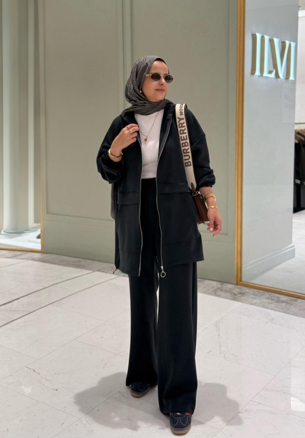 Velvet Modal Kapşonlu İkili Tesettür Takım Antrasitgri