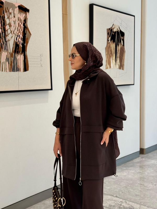 Velvet Modal Kapşonlu İkili Tesettür Takım Acıkahve