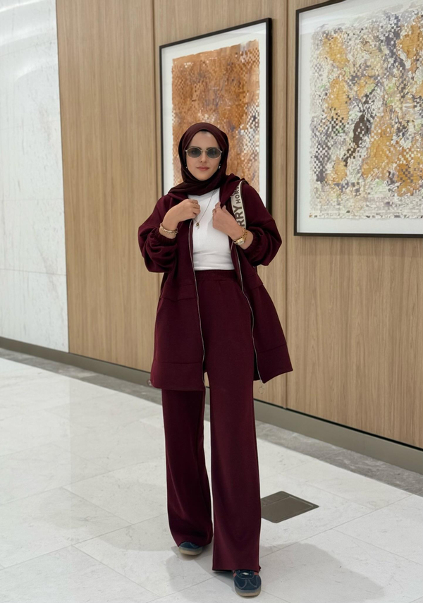 Velvet Modal Kapşonlu İkili Tesettür Takım Bordo