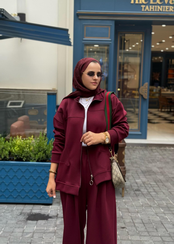 Urban Ease Modal Ceketli  Bol Paça Palazzo Pantolonlu  İkili TesettürTakım Bordo