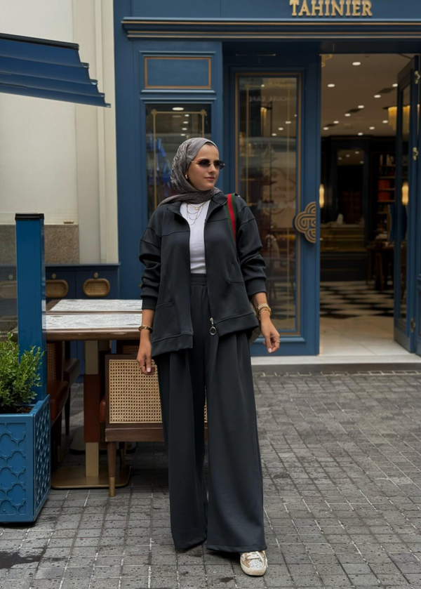 Urban Ease Modal Ceketli  Bol Paça Palazzo Pantolonlu  İkili TesettürTakım Antrasitgri