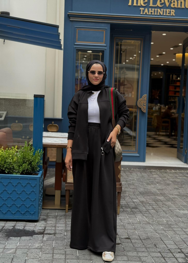 Urban Ease Modal Ceketli  Bol Paça Palazzo Pantolonlu  İkili TesettürTakım Siyah