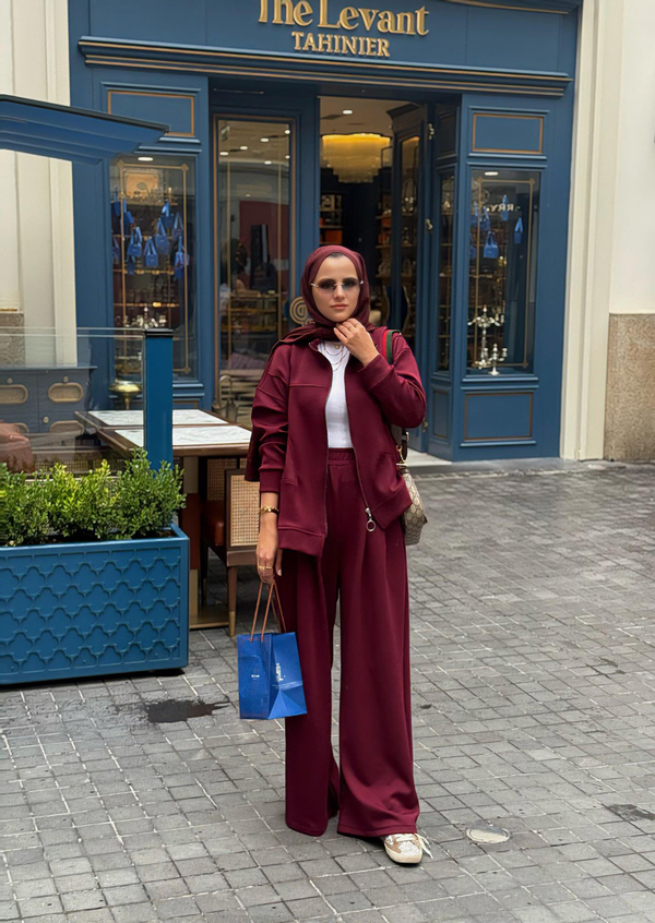 Urban Ease Modal Ceketli  Bol Paça Palazzo Pantolonlu  İkili TesettürTakım Bordo