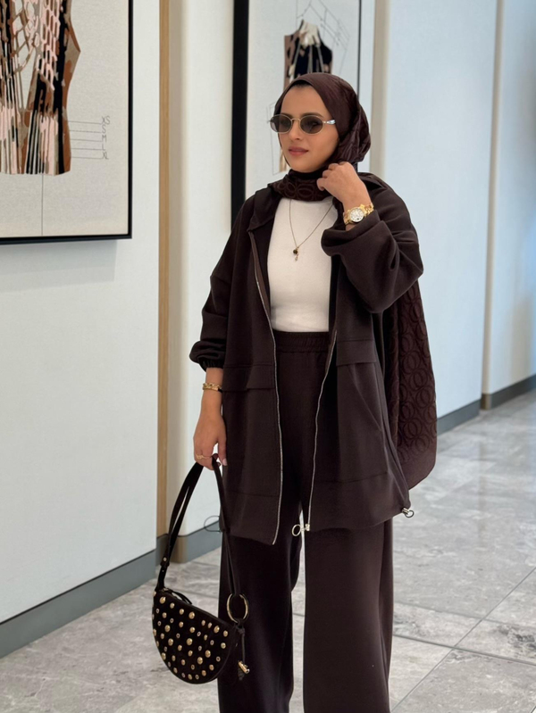 Velvet Modal Kapşonlu İkili Tesettür Takım Acıkahve