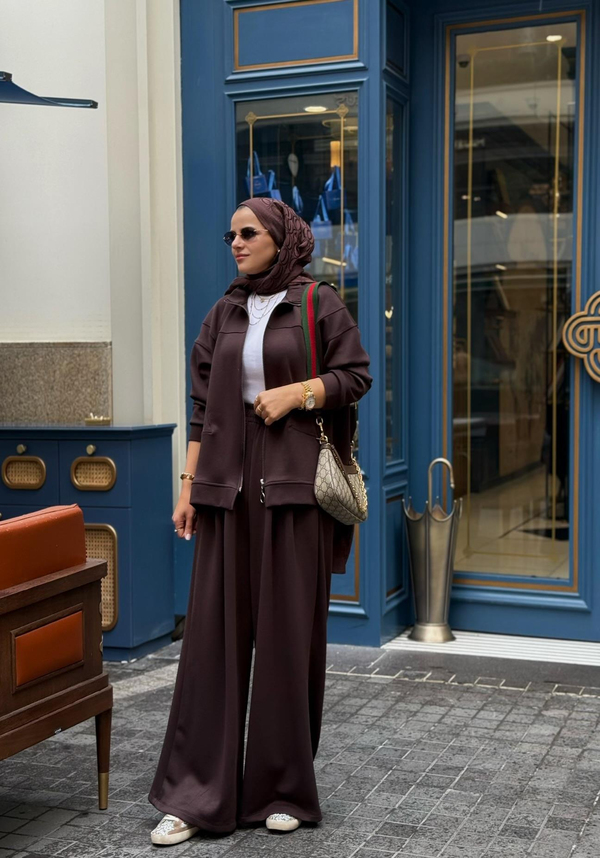 Urban Ease Modal Ceketli  Bol Paça Palazzo Pantolonlu  İkili TesettürTakım Acıkahve