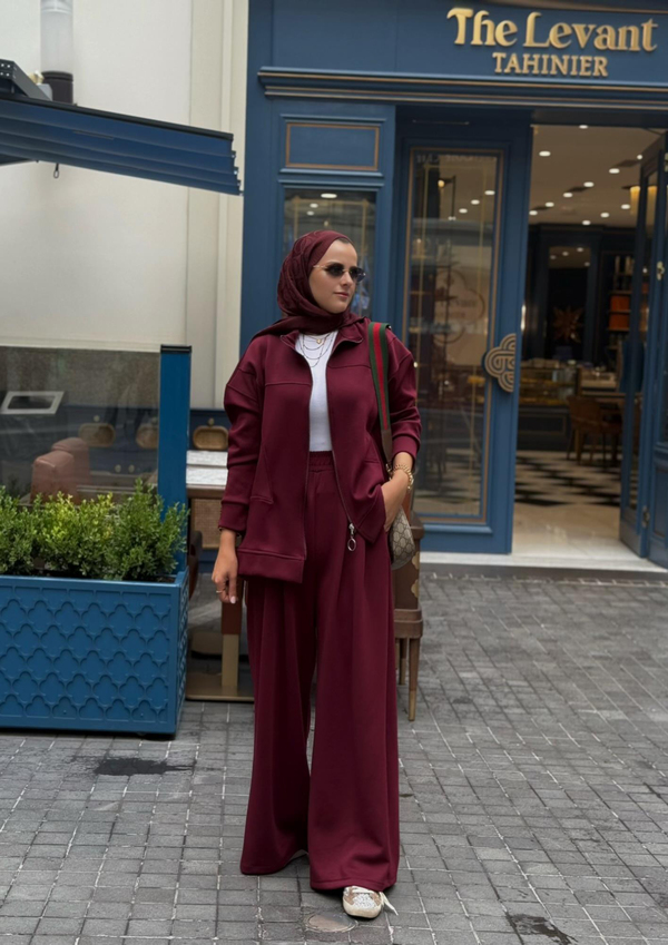 Urban Ease Modal Ceketli  Bol Paça Palazzo Pantolonlu  İkili TesettürTakım Bordo