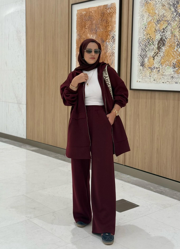 Velvet Modal Kapşonlu İkili Tesettür Takım Bordo