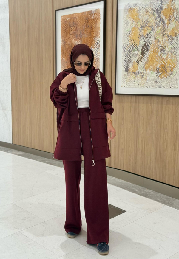 Velvet Modal Kapşonlu İkili Tesettür Takım Bordo