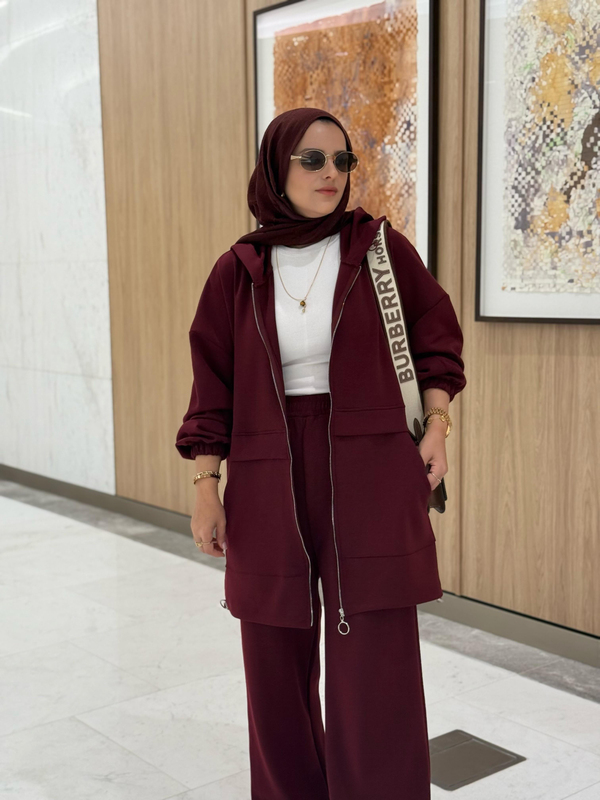 Velvet Modal Kapşonlu İkili Tesettür Takım Bordo