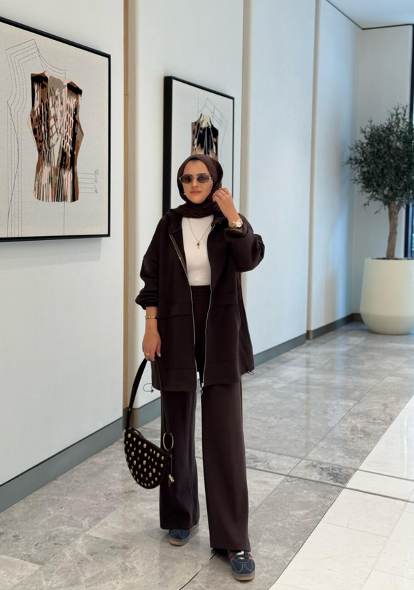 Velvet Modal Kapşonlu İkili Tesettür Takım Acıkahve
