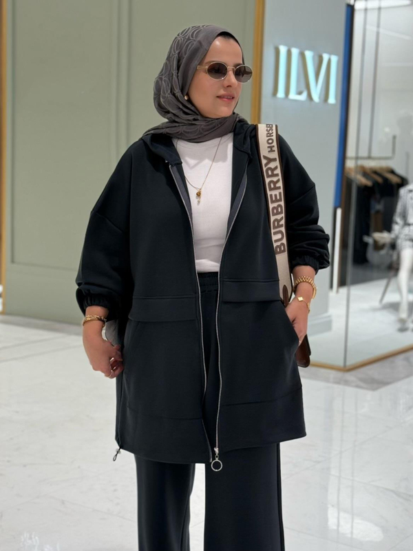 Velvet Modal Kapşonlu İkili Tesettür Takım Antrasitgri
