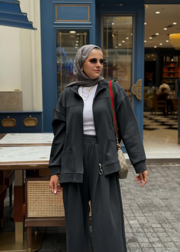 Urban Ease Modal Ceketli  Bol Paça Palazzo Pantolonlu  İkili TesettürTakım Antrasitgri