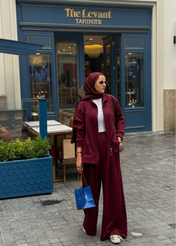 Urban Ease Modal Ceketli  Bol Paça Palazzo Pantolonlu  İkili TesettürTakım Bordo