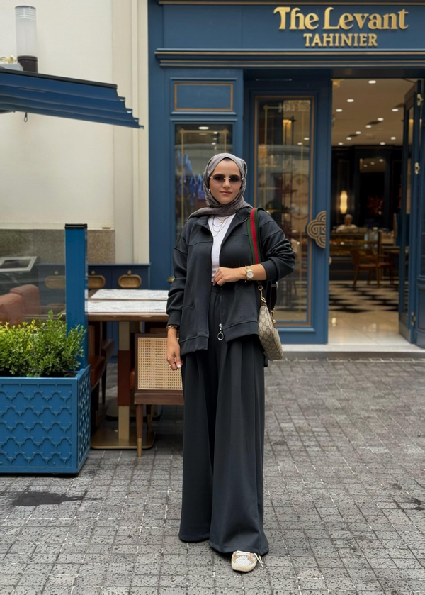 Urban Ease Modal Ceketli  Bol Paça Palazzo Pantolonlu  İkili TesettürTakım Antrasitgri