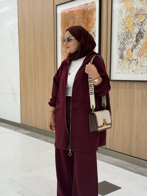 Velvet Modal Kapşonlu İkili Tesettür Takım Bordo