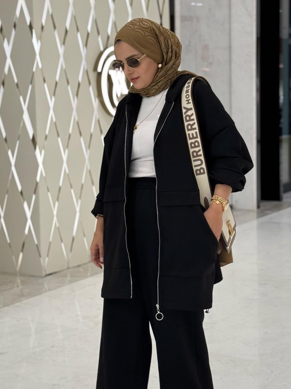 Velvet Modal Kapşonlu İkili Tesettür Takım Siyah