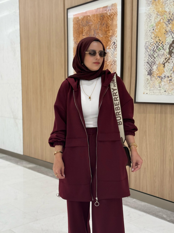 Velvet Modal Kapşonlu İkili Tesettür Takım Bordo