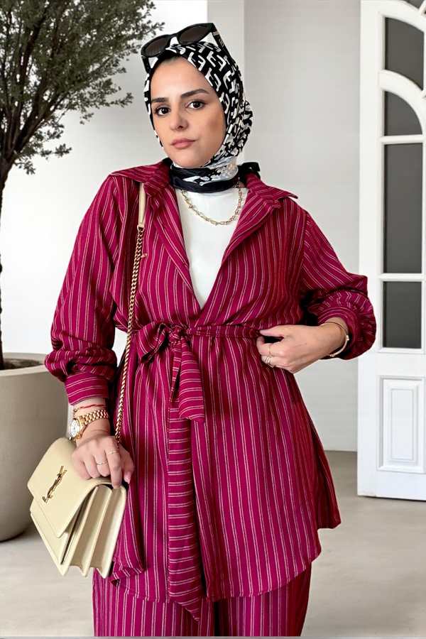 Çizgili Kuşaklı Pamuklu Gömlek Takım Bordo
