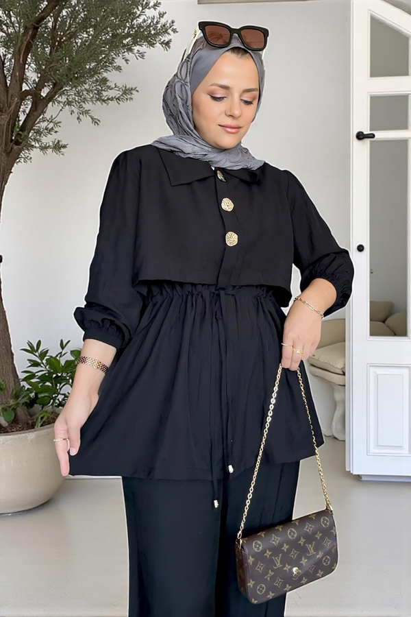 Kadın Tesettür İkili Takım – Çilek Kumaş Yazlık Düğmeli Tunik ve Pantolon Siyah