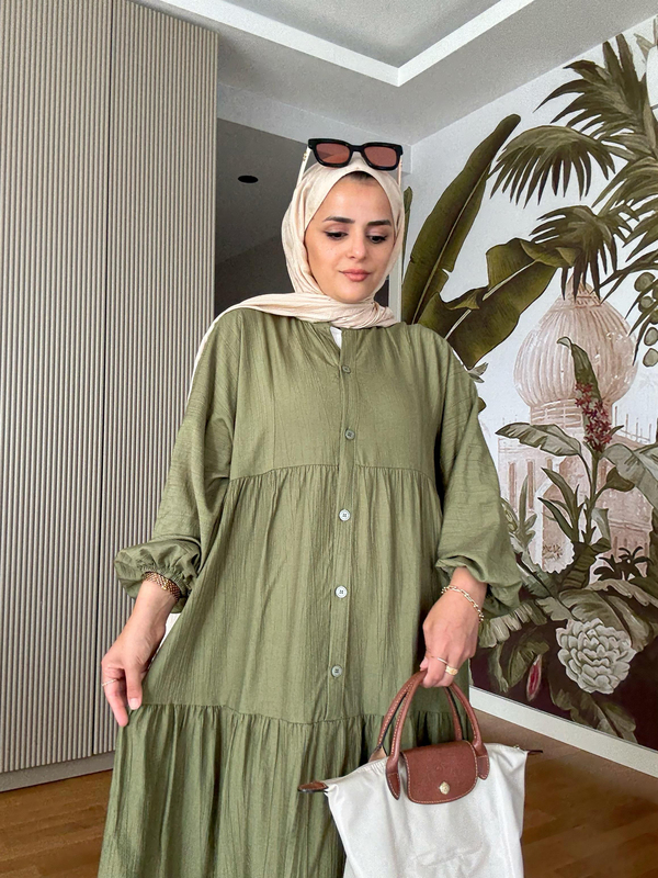 Çilek Kumaş Robalı Yazlık Elbise | Düğmeli ve Rahat Kesim  Koyu Yeşil