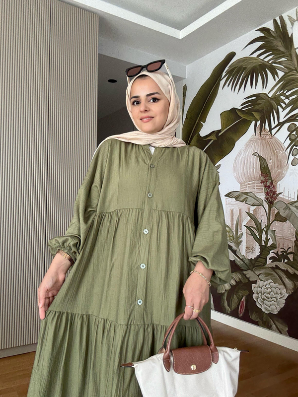 Çilek Kumaş Robalı Yazlık Elbise | Düğmeli ve Rahat Kesim  Koyu Yeşil
