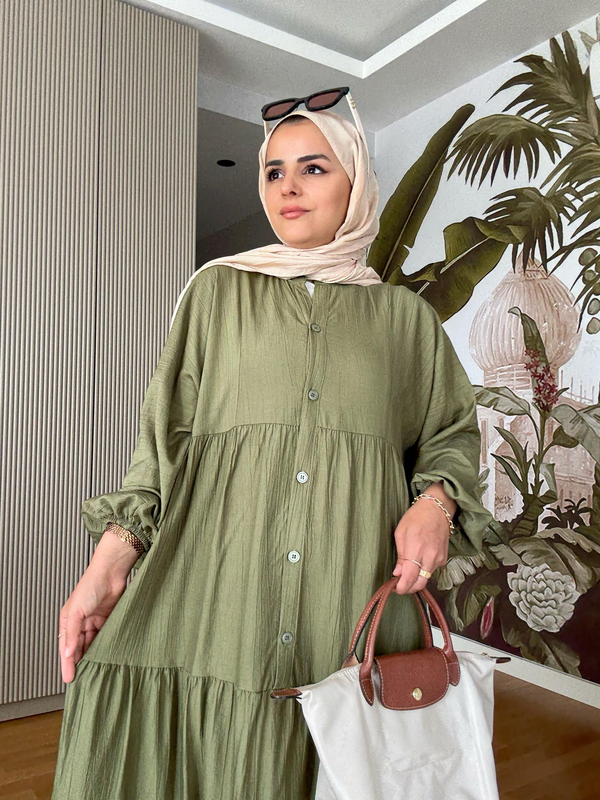Çilek Kumaş Robalı Yazlık Elbise | Düğmeli ve Rahat Kesim  Koyu Yeşil