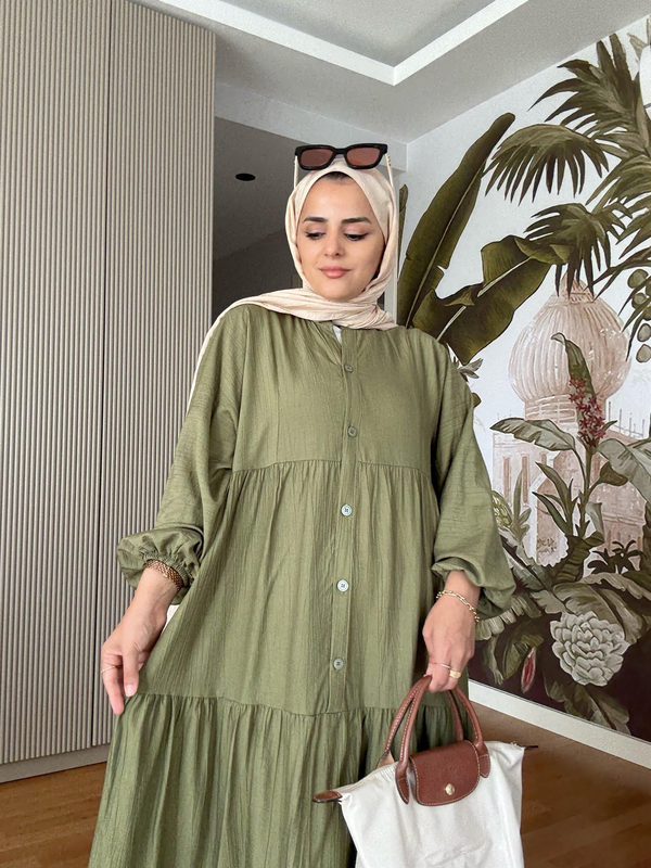 Çilek Kumaş Robalı Yazlık Elbise | Düğmeli ve Rahat Kesim  Koyu Yeşil