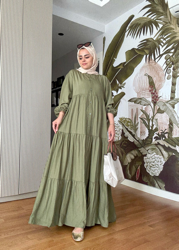 Çilek Kumaş Robalı Yazlık Elbise | Düğmeli ve Rahat Kesim  Koyu Yeşil