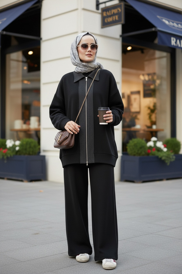 Nordic Selanik- Kaşe Detaylı  Oversize  Takım | Siyah