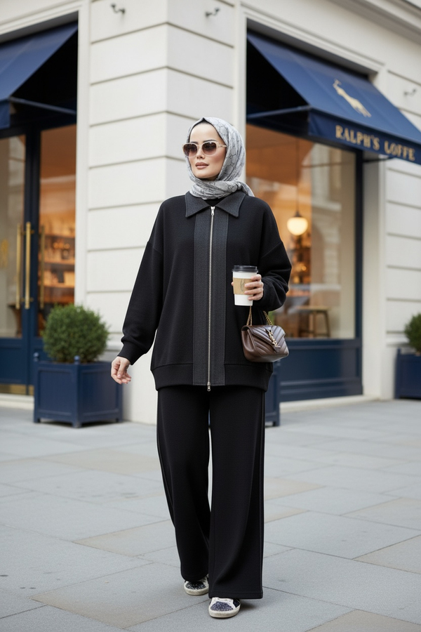 Nordic Selanik- Kaşe Detaylı  Oversize  Takım | Siyah