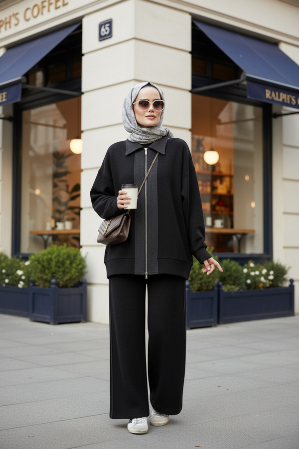 Nordic Selanik- Kaşe Detaylı  Oversize  Takım | Siyah