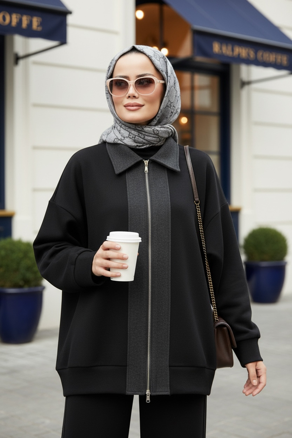 Nordic Selanik- Kaşe Detaylı  Oversize  Takım | Siyah