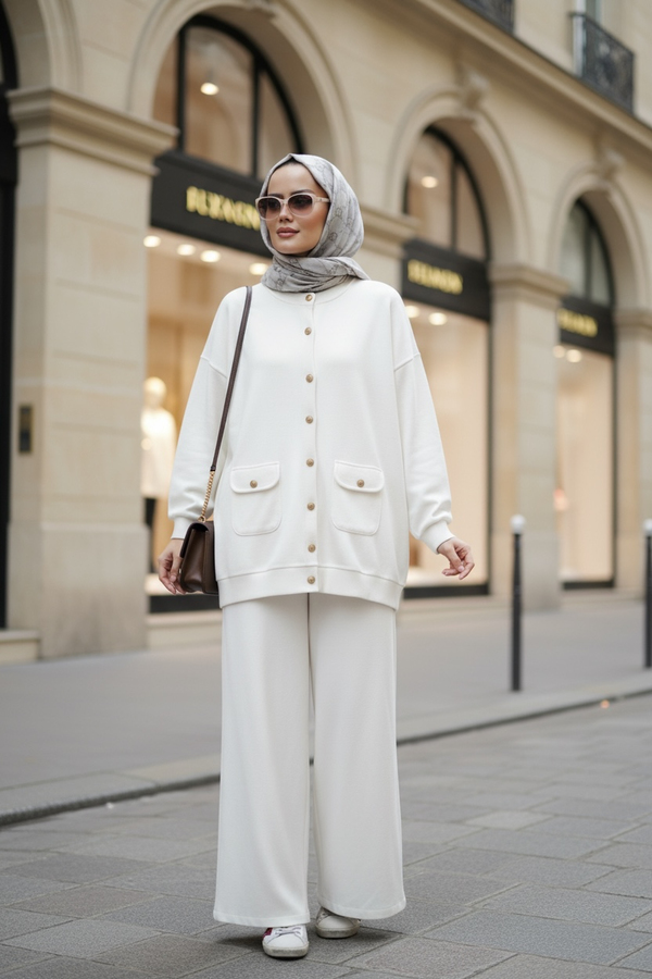 Oslo Selanik Kumaş Hırka İkili Takım – Oversize Kalıp – Kışlık Tesettür Takım Ekru