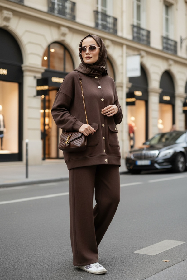 Oslo Selanik Kumaş Hırka İkili Takım – Oversize Kalıp – Kışlık Tesettür Takım Acıkahve