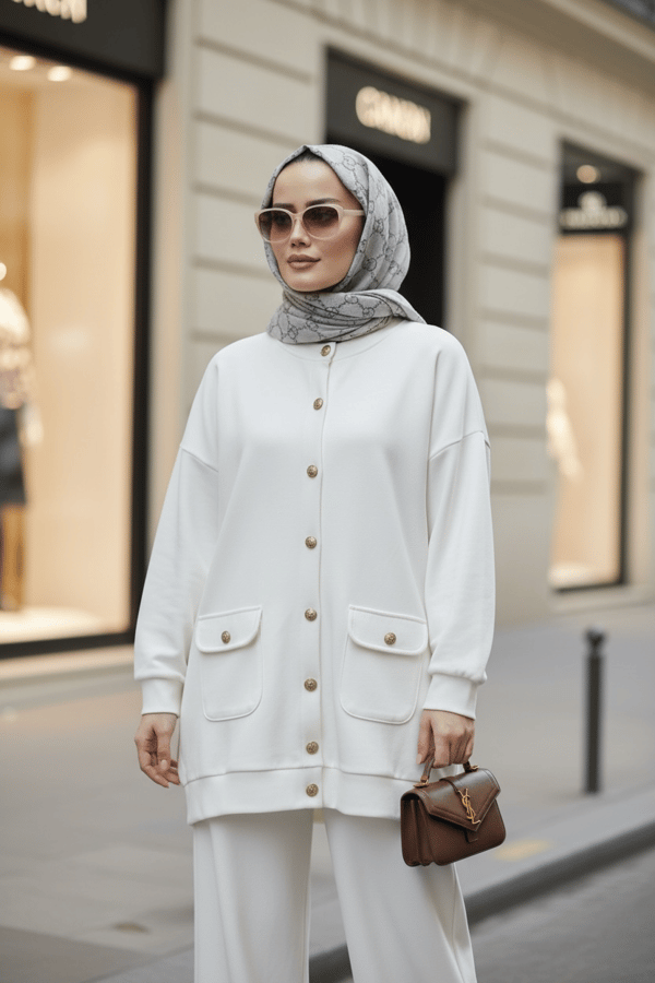 Oslo Selanik Kumaş Hırka İkili Takım – Oversize Kalıp – Kışlık Tesettür Takım Ekru