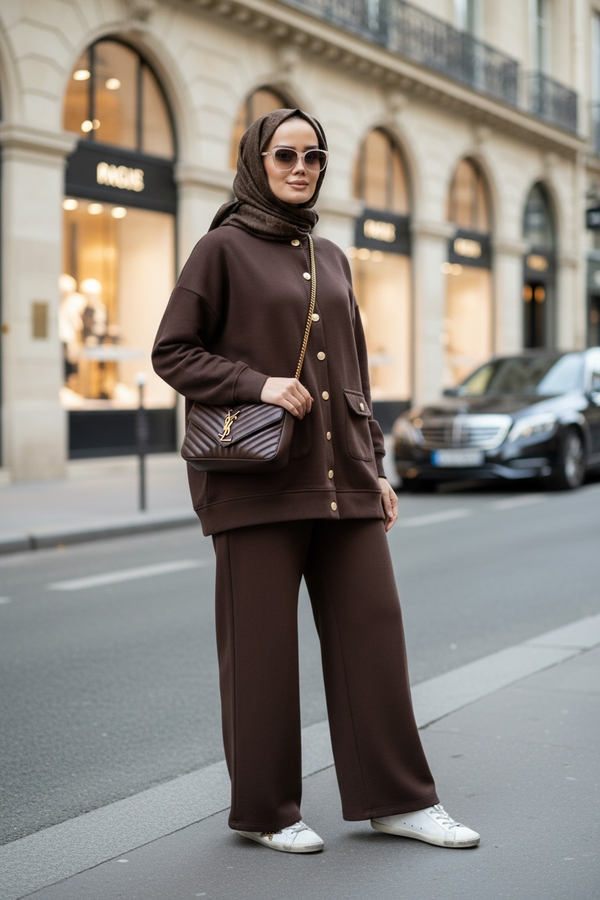 Oslo Selanik Kumaş Hırka İkili Takım – Oversize Kalıp – Kışlık Tesettür Takım Acıkahve