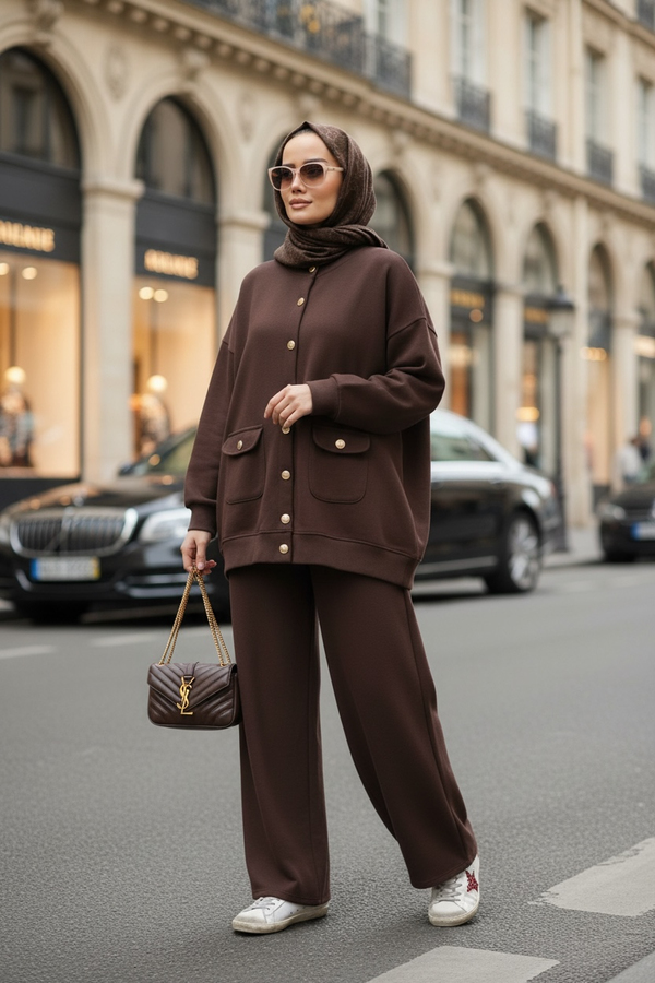 Oslo Selanik Kumaş Hırka İkili Takım – Oversize Kalıp – Kışlık Tesettür Takım Acıkahve