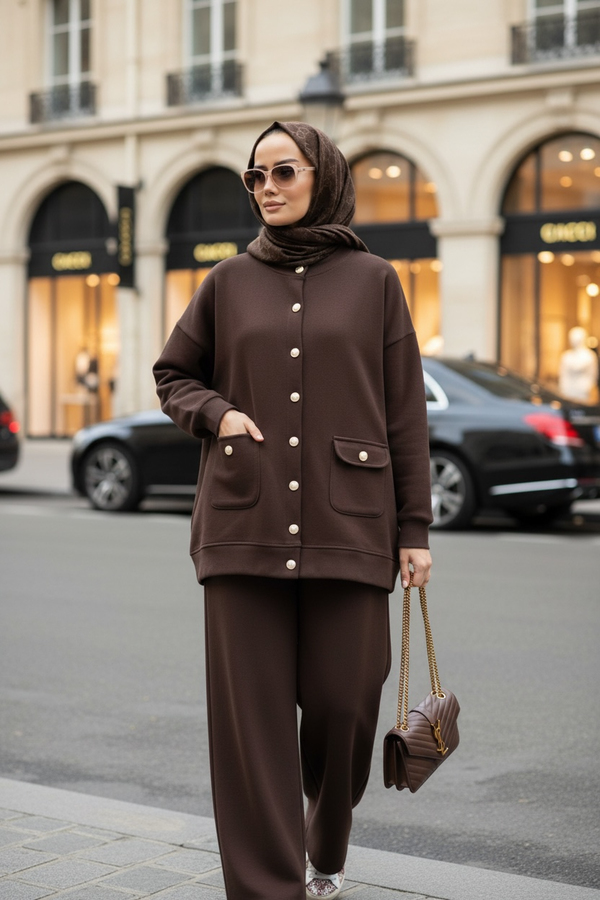 Oslo Selanik Kumaş Hırka İkili Takım – Oversize Kalıp – Kışlık Tesettür Takım Acıkahve