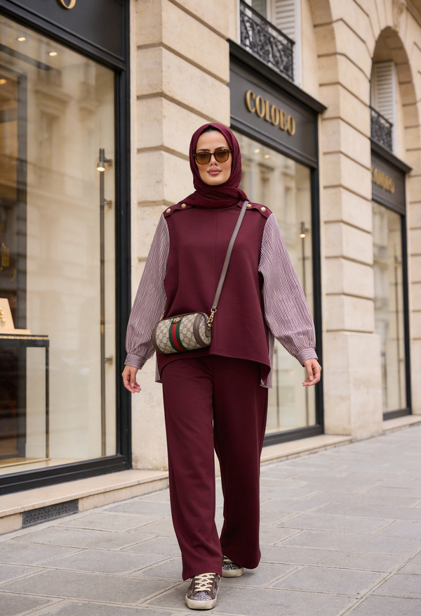 Marina Gömlek Çizgili İkili Takım-Bordo